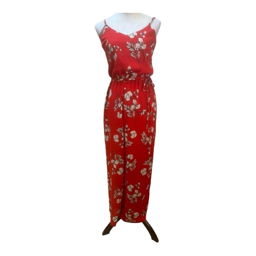 Skies Are Blue Red Floral Flowy Leg Jumpsuit Small ‎ Strappy Smocked Back